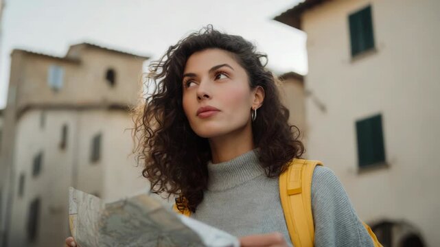 Woman Traveler Looking at Map in Italy on Vacation Trip