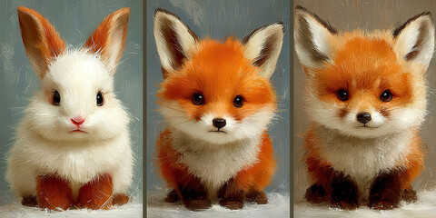 Triptych of Three Cute Fluffy Baby Animals Bunny and Two Red Fox Kits