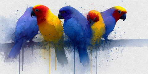 Vibrant Watercolor Painting of Five Colorful Parrots Perched on a Branch
