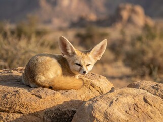 A Fennec fox rests on a rock in a desert environment, basking in sunlight.