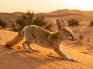 A Fennec fox gracefully stretches across the warm, sandy dunes during sunset, showcasing its unique features.