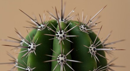 Close-up of a Green Cactus with Sharp Spines and Water Droplets, Beige Background
