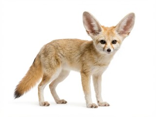 A detailed studio shot of a fennec fox, showcasing its large ears and sandy fur.