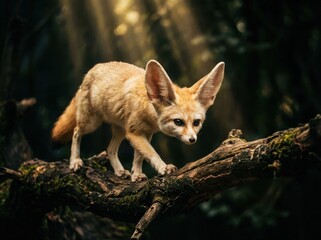 A captivating image of a fennec fox gracefully walking on a fallen tree branch in a forest.