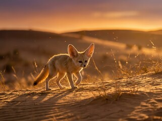 A captivating image of a Fennec fox gracefully traversing the desert landscape during sunset.