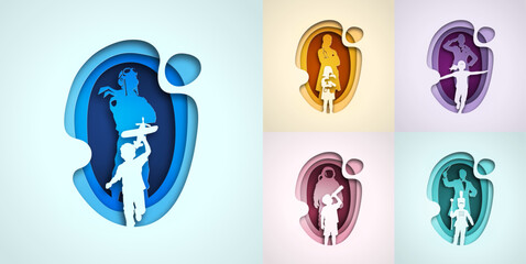 Paper cut style vector illustration set of children dreaming about future professions including pilot and doctor and astronaut and musician