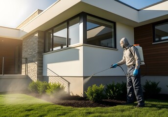 Pest Control Professional Spraying Lawn Near Modern House.