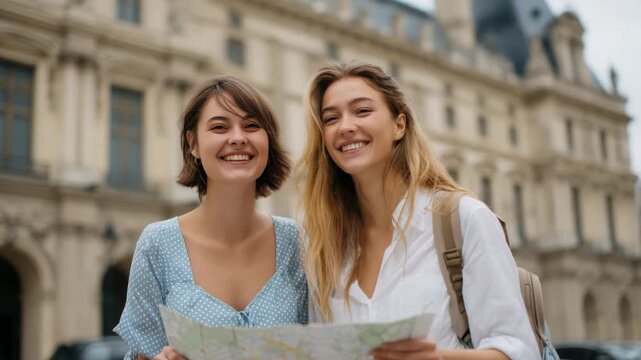 Two Happy Female Tourists Explore Paris with a Map and Backpack