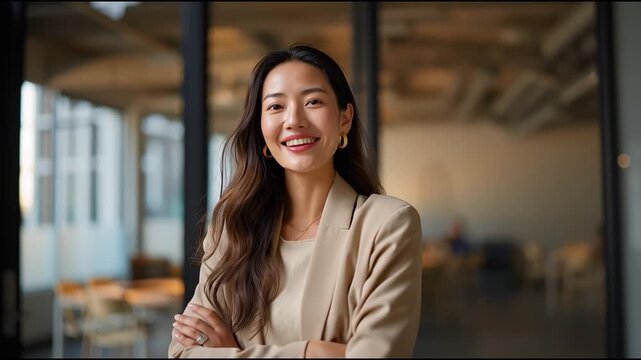 Confident businesswoman in a professional setting, showcasing leadership and approachability in her expression.