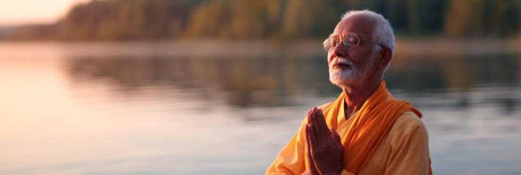 Happy smiling old Hindu monk praying with folded hands. Peaceful spiritual practice of Indian man meditating near water for religious concept. Banner with copy space