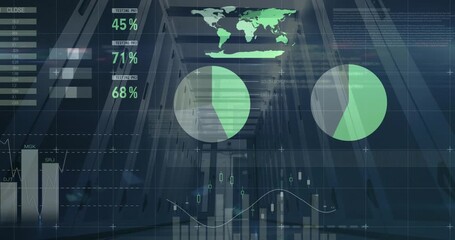 HUD activating, analytics overlay animating corridor, updating gauges, expanding pies to show data