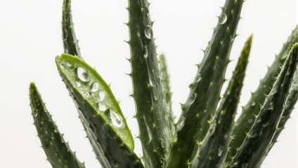 Close-up of an aloe vera plant, water droplets visible. Green leaves contrast against white backdrop