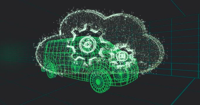 Neon-green wireframe van receiving cyan-white energy strike, forming glowing gear cloud for testing
