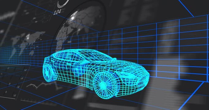 Camera lowering and tracking, HUD sliding, pulsing, highlighting cyan wireframe car to show data
