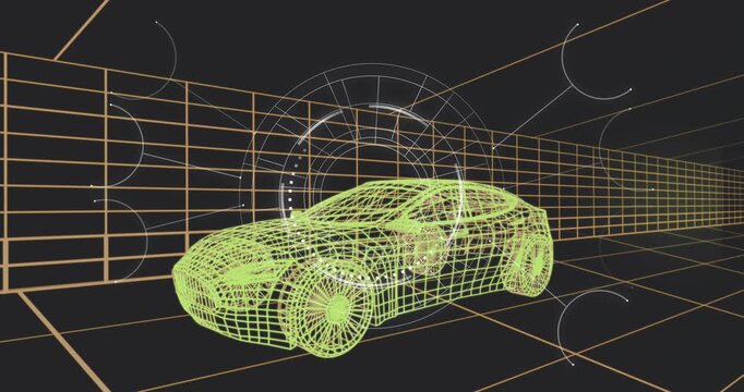 HUD ring starting rotation and pulsing, scanning neon-green wireframe car in orange grid tunnel