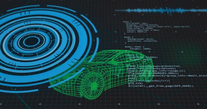 Diagnostic scan command initiating HUD pulses and code scrolling while green wireframe car rotating - Powered by Adobe