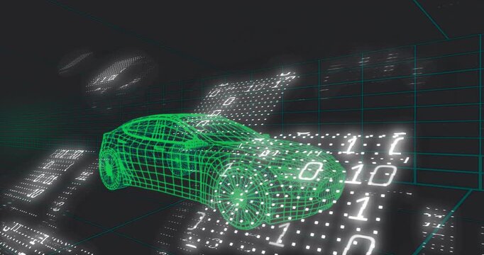 Neon wireframe sedan floating in dark space as binary panels approaching overlaying data for demo