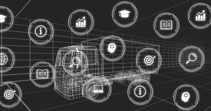 White wireframe truck staying still while scan pulse spawning icons orbiting, visualizing data
