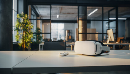VR Headset and Remote on a Modern Office Desk Exploring Virtual Reality in the Workplace