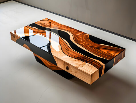 Modern Epoxy Resin and Wood Dining or Coffee Table with Abstract Design