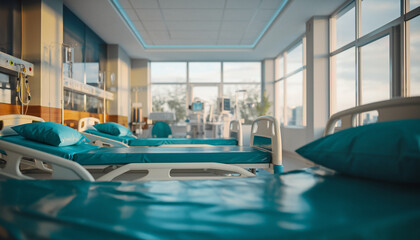 A bright and modern hospital ward with empty beds and advanced medical equipment, symbolizing healthcare and patient recovery