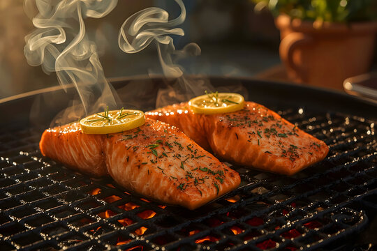 Grilled Salmon Fillets with Lemon and Herbs on Outdoor BBQ Grill