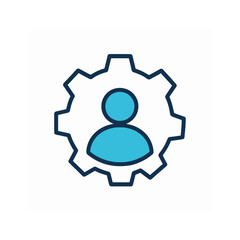 User profile management and account settings icon with person in a gear. Vector