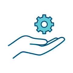 Hand offering a blue gear icon symbolizing service, solutions, and technology support Vector