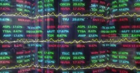 Dark corner cutting to mirrored ticker panels scrolling codes shifting percentages visualizing data - Powered by Adobe