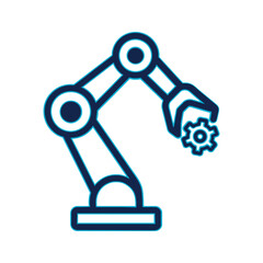 Robotic arm holding a gear icon, symbolizing industrial automation and future. Vector