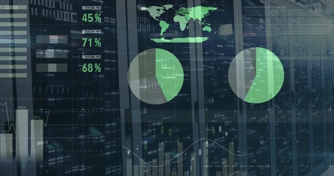 Table and gauges appearing, analytics HUD forming over racks, pies and map shifting, showing load