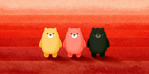 Cute Minimalist Bears in Yellow, Pink, and Black on a Textured Red Gradient Background