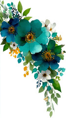 Vibrant Watercolor Floral Bouquet with Blue, Teal, and White Flowers and Gold Accents