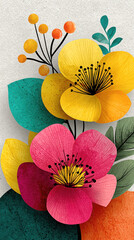 Colorful Abstract Floral Collage with Yellow and Pink Flowers on Textured Background