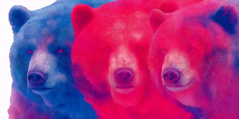Pop Art Style Triple Bear Portrait in Vibrant Blue, Red, and Pink Colors on White Background