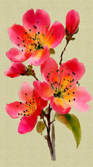 Watercolor Style Painting of Pink and Orange Cherry Blossoms on Textured Beige Background