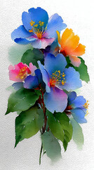 Beautiful Watercolor Painting of Blue and Orange Flowers with Green Leaves