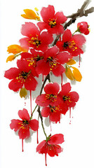 Expressive Watercolor Red Cherry Blossoms with Paint Drips and Yellow Leaves