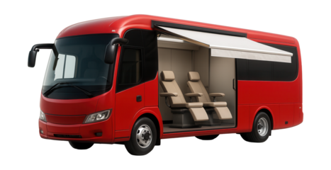 Mobile blood donation unit featuring a retractable awning and seating inside.