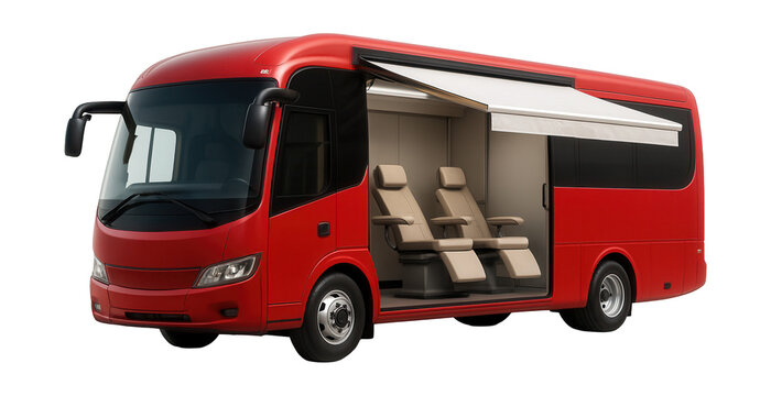 Mobile blood donation unit featuring a retractable awning and seating inside. - Powered by Adobe