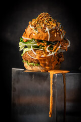 Stacked Crispy Chicken Burger with Spicy Orange Sauce