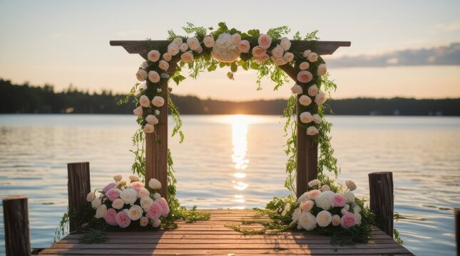 Romantic Lakeside Wedding Arch: The serene wooden wedding arch, adorned with delicate flowers, stands proudly on a rustic pier over the shimmering lake.
