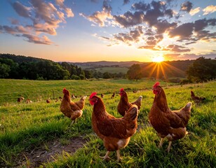 Golden hour illuminates free-range chickens in a lush green pasture with a vibrant sunset