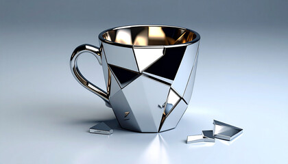 Shiny metallic cubic coffee cup in a modern surreal style. Minimal, futuristic and eye-catching design perfect for branding, advertising and creative digital projects.