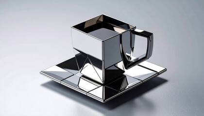 Shiny metallic cubic coffee cup in a modern surreal style. Minimal, futuristic and eye-catching design perfect for branding, advertising and creative digital projects.
