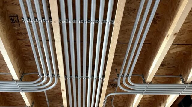 Medium shot capturing a whole house retrofit with organized PEX tubing running through ceiling joists for improved plumbing