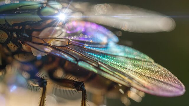 Close-up of a vibrant insect wing with iridescent colors and intricate patterns.