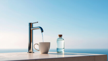 A faucet pouring water into a cup and a glass bottle.
