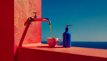 Pop art style wall-mounted faucet pouring coffee into a cup. Bold, colorful and modern surreal design perfect for ads, café branding and creative digital projects.