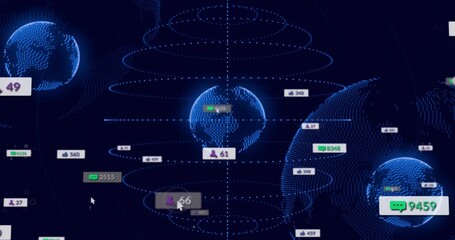 Central globe rotating, badges moving, counts growing, cursor hovering causing ripple marking nodes